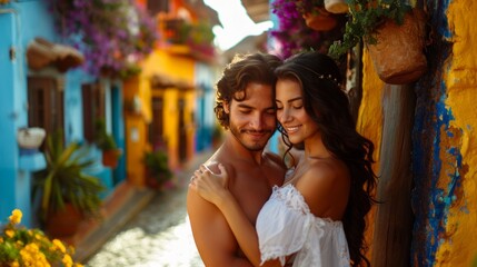 Beautiful latino couple sharing an intimate embrace in a charming, colorful alleyway, radiating love and affection in Aruba.