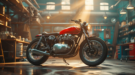 Classic red custom bobber motorcycle stands proudly in a vintage-style garage with atmospheric lighting.