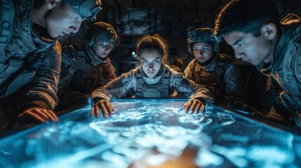 Military group in tactical gear huddled around a high-tech illuminated battle map, strategizing under dim blue light.