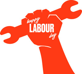 Vector silhouette of red clenched fist holding wrench isolated on white background. Labour day and international workers day poster, label, greeting card with hand. 1 may logo design template