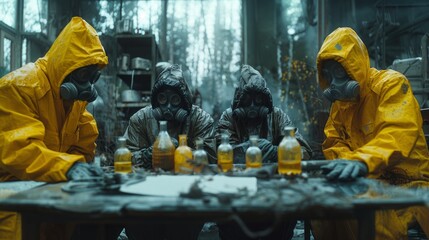 Team in illegal hazmat suits examines hazardous materials in a desolate industrial setting, suggesting a clandestine operation or emergency response.