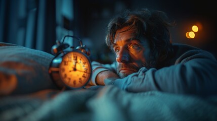 Adult man waking up in bed with a look of frustration as he turns off his alarm clock in a dimly-lit room.