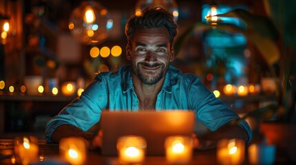 Dedicated male maniac businessman working overtime in a private office, illuminated by warm ambient lighting.