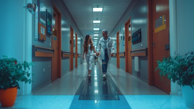 Male physiotherapist guiding a female patient through a rehabilitation walk in a brightly lit modern hospital corridor, depicting healthcare and recovery.