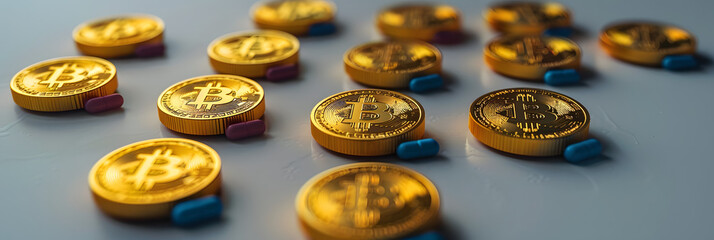 Bitcoins coins stack as pills, concept of stock market exchange or financial technology. Pills tab to don't be poor concept.