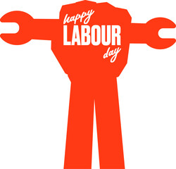 Vector silhouette of red clenched fist holding wrench isolated on white background. Labour day and international workers day poster, label, greeting card with hand. 1 may logo design template