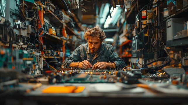 Professional male engineer meticulously soldering a circuit board amidst the organized chaos of an electronics workshop.
