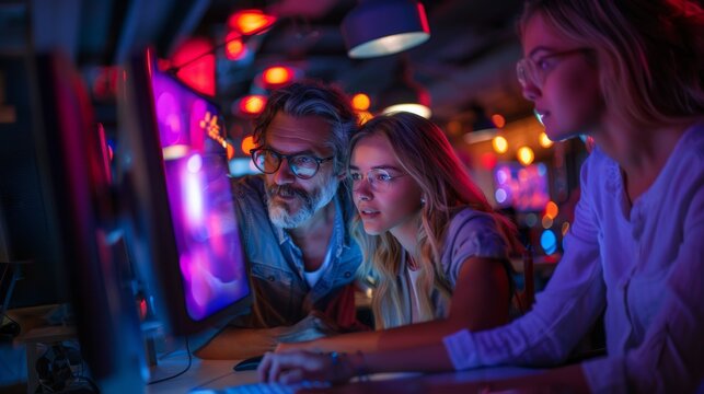 Dedicated team collaborates on a project in a vibrant office, surrounded by neon lights and technology, showcasing teamwork and innovation. - Powered by Adobe