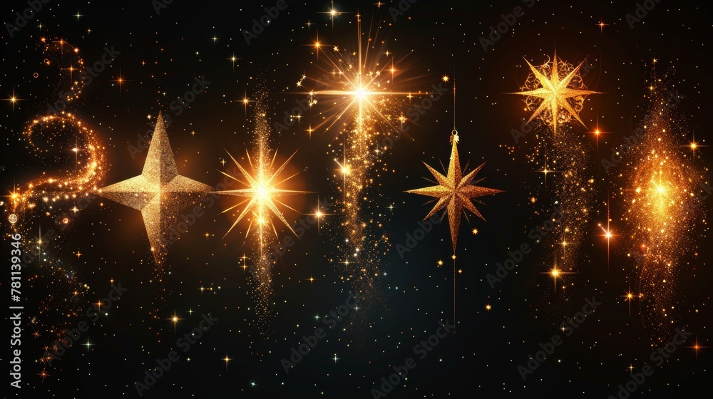 Aufkleber an illustration template art design of illuminated stars with sparkles isolated on black background.
