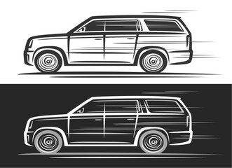 Vector logo for SUV Car, automotive decorative banner with simple contour illustration of classic monochrome sports utility vehicle in moving, hand drawn suv concept car on black and white background