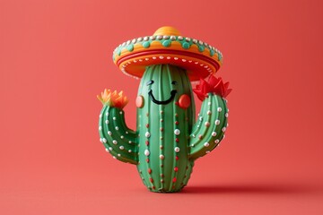 Joyful cactus wearing a sombrero, set on a solid red background, for a colorful Cinco de Mayo theme
