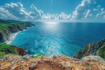 A photo from a high cliff edge, showcasing an impressive view of the ocean