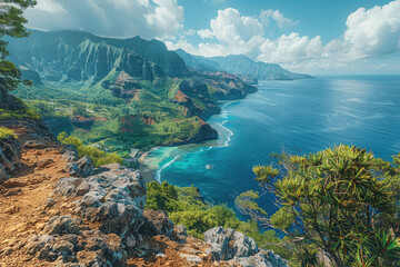 A photo from a high cliff edge, showcasing an impressive view of the ocean
