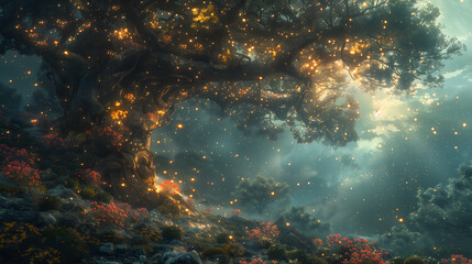 Fototapeta premium Enchanted forest scene with glowing lights and ancient tree