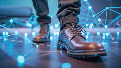 Stylish leather boots making a stride on a digitally connected floor, illuminated by a network of glowing nodes and lines, creating a futuristic and modern ambiance. - obrazy, fototapety, plakaty