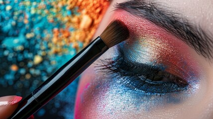 Close-up of a luxurious powder brush against a backdrop of beauty products, highlighting its fluffy bristles - obrazy, fototapety, plakaty