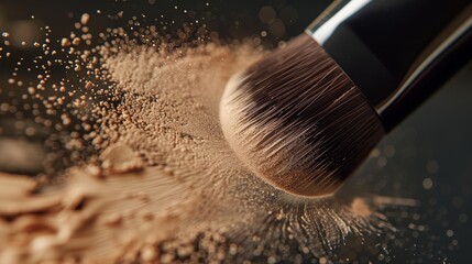 Close-up on foundation application, powder brush in motion, highlighting the art of makeup blending - obrazy, fototapety, plakaty