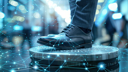 Person stepping onto a futuristic platform illuminated by a network of blockchain nodes representing technology and innovation in business. - obrazy, fototapety, plakaty