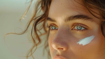 Young woman with a fresh, natural look applying moisturizing cream on her face. Beauty and scincare concept