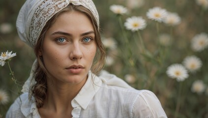 Portrait of a woman in a headscarf on the background of daisies - obrazy, fototapety, plakaty