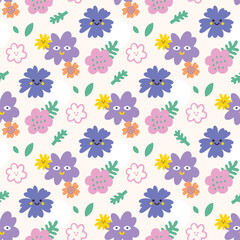 Spring flower seamless patterns in doodle style