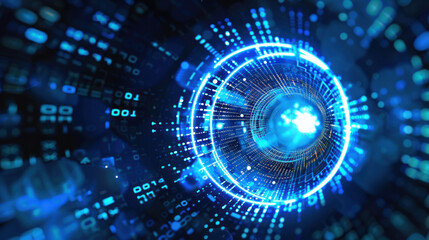 Abstract technology background with glowing binary code and a circular pattern representing data encryption and cybersecurity.