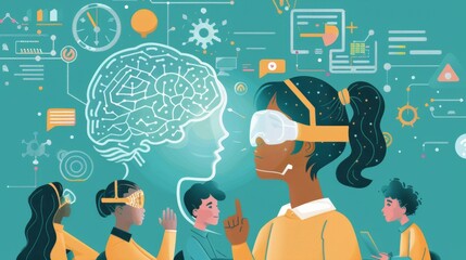 Group of People Standing in Front of Drawing of Brain