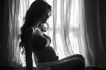 A close-up intimate shot accentuating the curves of a pregnant woman's abdomen