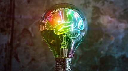 A light bulb with a brain inside of it. The light bulb is green, yellow, and blue