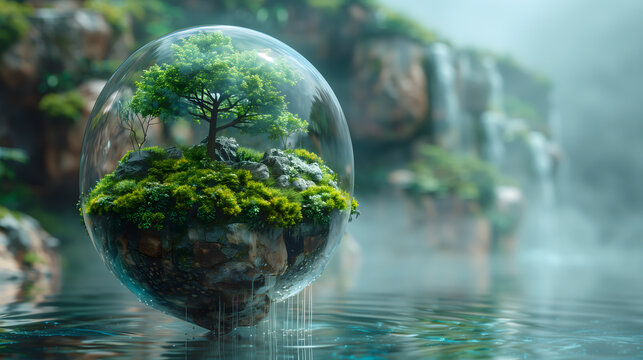 Miniature ecosystem in a transparent bubble above water, environmental concept