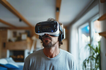 male designer wearing virtual reality glasses looks at interior design room inside modern house. Adult man in headset goggles with extended augmented reality technology