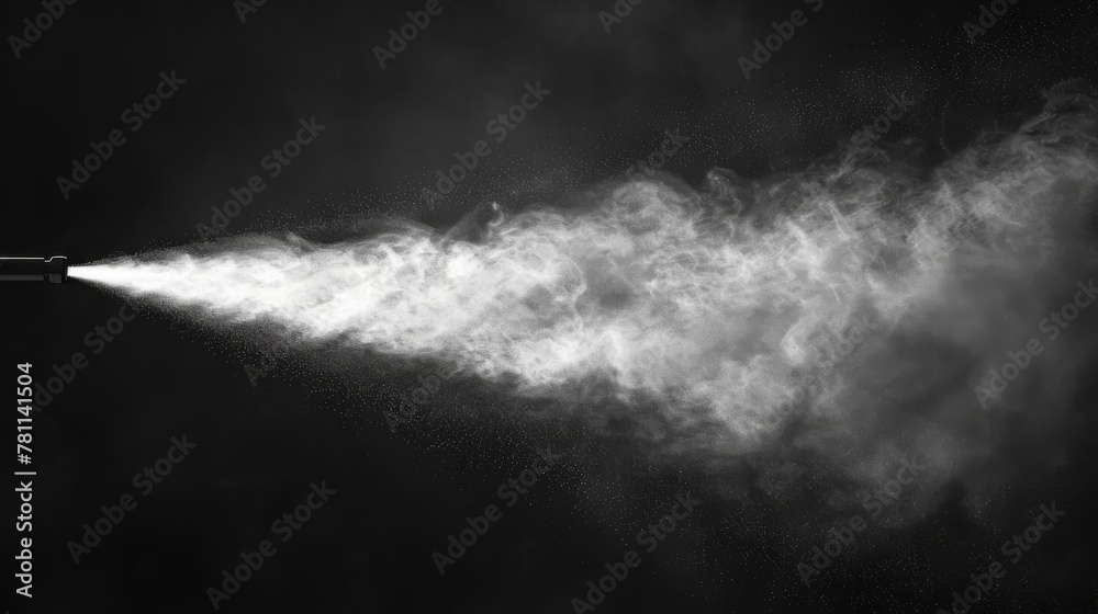 Poster Template of white fog spraying over a dark transparent background. Sprayer effect with spray nozzles. 3D modern illustration in realistic style.