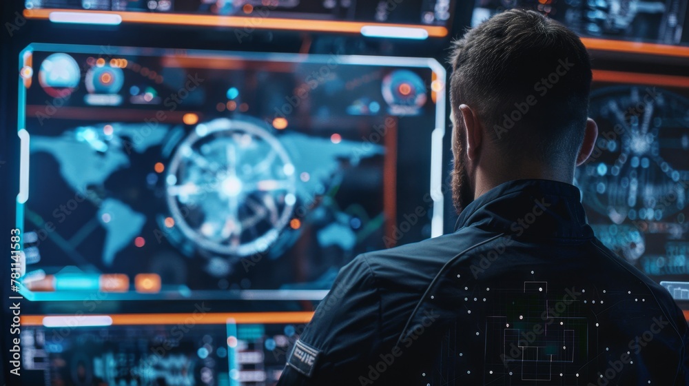 Poster man analyzing data on computer screen