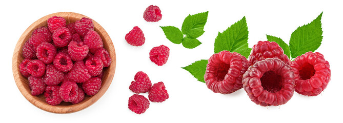 ripe raspberries with green leaves isolated on white background. clipping path. top view