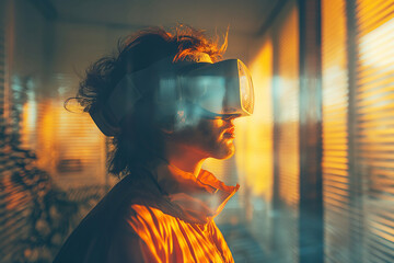 young male designer wearing virtual reality glasses looks at interior design inside house. Man in headset goggles with extended augmented reality technology