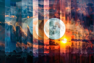 Diverse Time of Day Montage Spanning Sunrise to Full Moon - obrazy, fototapety, plakaty