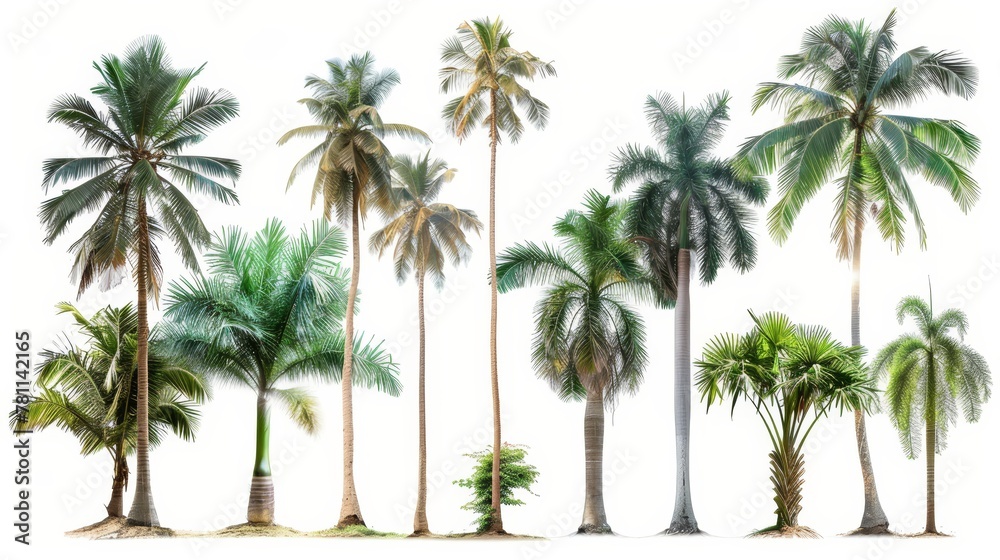 Poster A coconut tree and palm tree isolated on a white background. Trees with large trunks are growing in the summer.