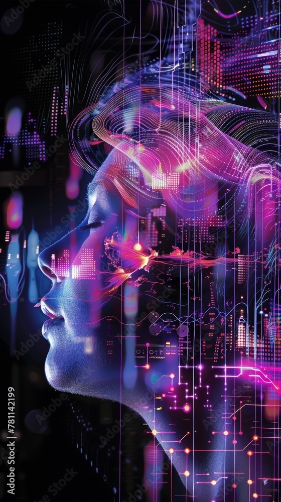 Aufkleber futuristic female portrait surrounded by abstract digital patterns in a neon-tech world