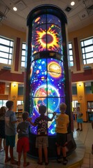 Diverse Group of Children Marveling at a Galactic Display Inside a Science Center