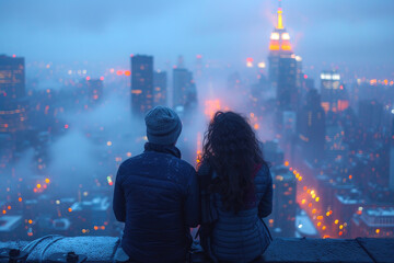 A young couple seated on a skyscraper rooftop amidst city lights