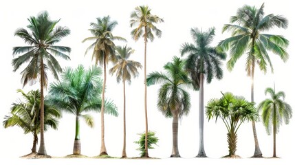 Fototapeta na wymiar A coconut tree and palm tree isolated on a white background. Trees with large trunks are growing in the summer.