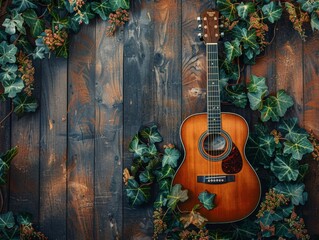 Acoustic Guitar Resting Amidst Ivy on Rustic Wooden Background - Artistic Music Concept