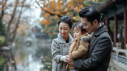 Family Bonding by the Lake: Asian Parents with Young Child Enjoying Autumn Dusk