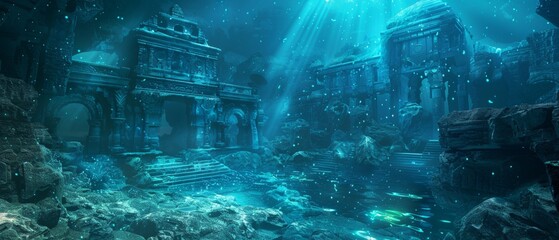 Underwater ruins in a mystical blue ocean