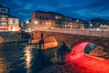 Sarajevo evening landscape, with the famous Latin Bridge serving as a symbol of the city's rich...