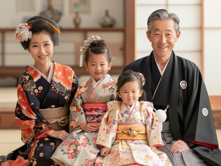 Multigenerational Asian Family in Traditional Attire Celebrating at Home
