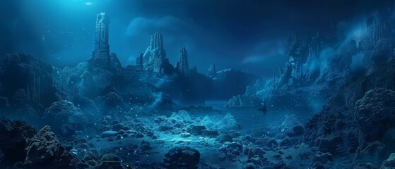 Underwater ruins in a mystical blue ocean