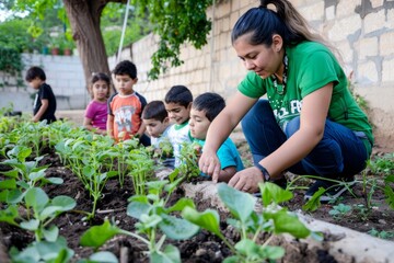 Young Female Teacher and Children Engaging in Outdoor Gardening Activity at Daytime