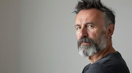 An image of a bearded middle-aged man looking thoughtfully at the camera on a white studio...