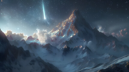 Aurora borealis over mountainous landscape with meteor strike and Milky Way. Science fiction and space exploration concept. Poster design with realistic textures and black background. Scenic landscape